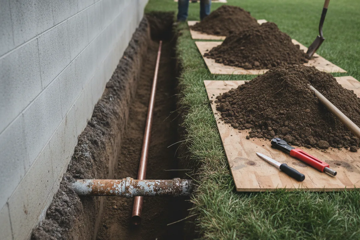Excavated water line trench during Water Heater Repair in Temple